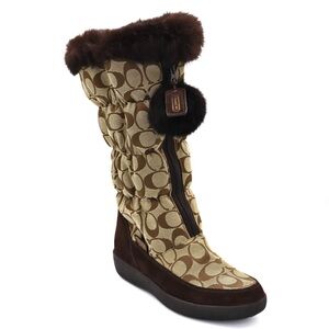 Coach Theona Signature Tall Boots 8.5 Brown Shearling Zip Faux Fur Trim